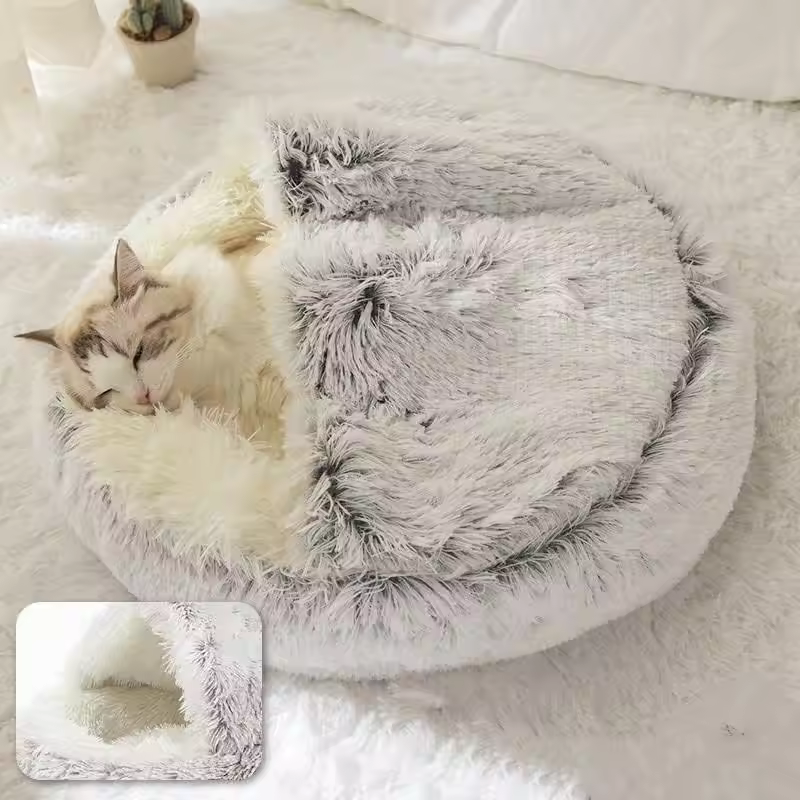 Soft Plush Pet Bed with Cover Round Cat Bed - Image 4