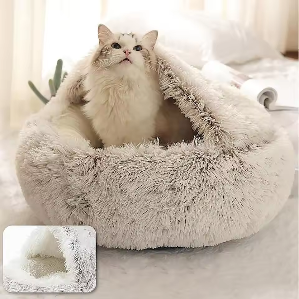 Soft Plush Pet Bed with Cover Round Cat Bed - Image 3